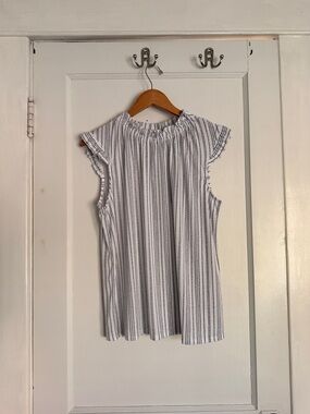 Adrianna Papell White with Navy Stripe Sleeveless Ruffle-Neck Tank